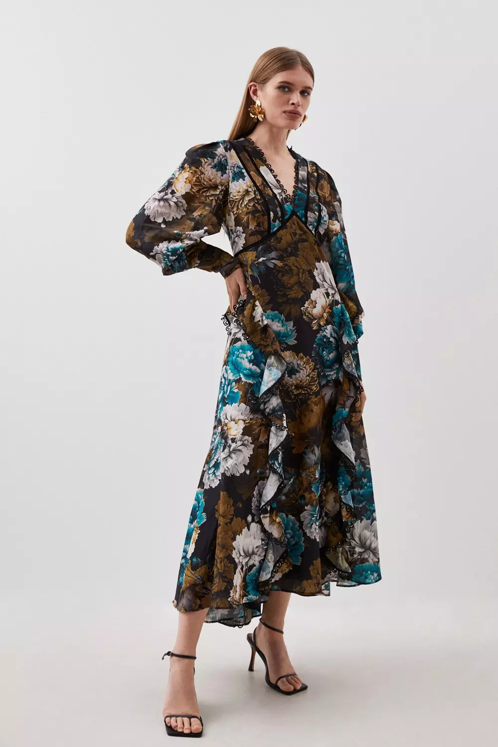 Winter Floral Printed Woven Maxi Dress | Karen Millen