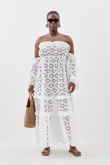 Plus Size Off Shoulder Broderie Maxi Beach Dress white