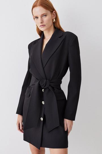Black Tailored Compact Essential Self Tie Belted Tuxedo Blazer Mini Dress