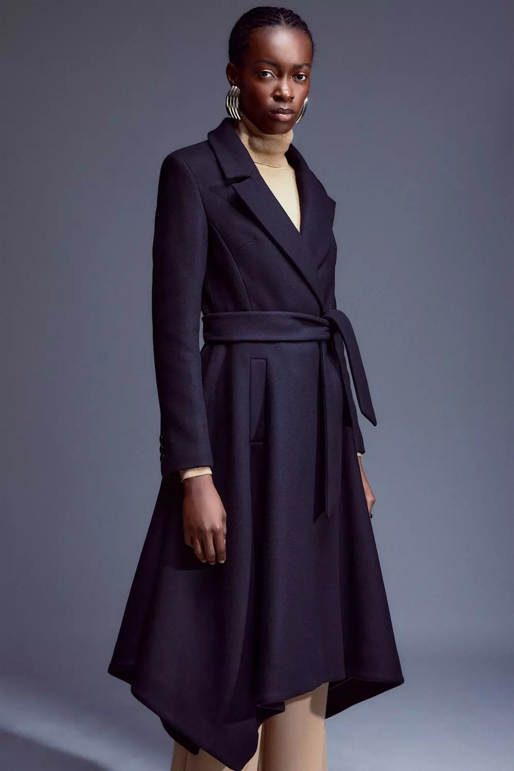 Double breasted belted store wool coat