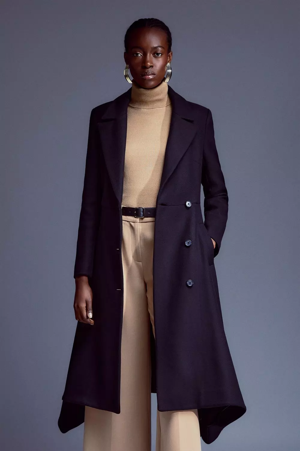 Black belted double-breasted trench coat