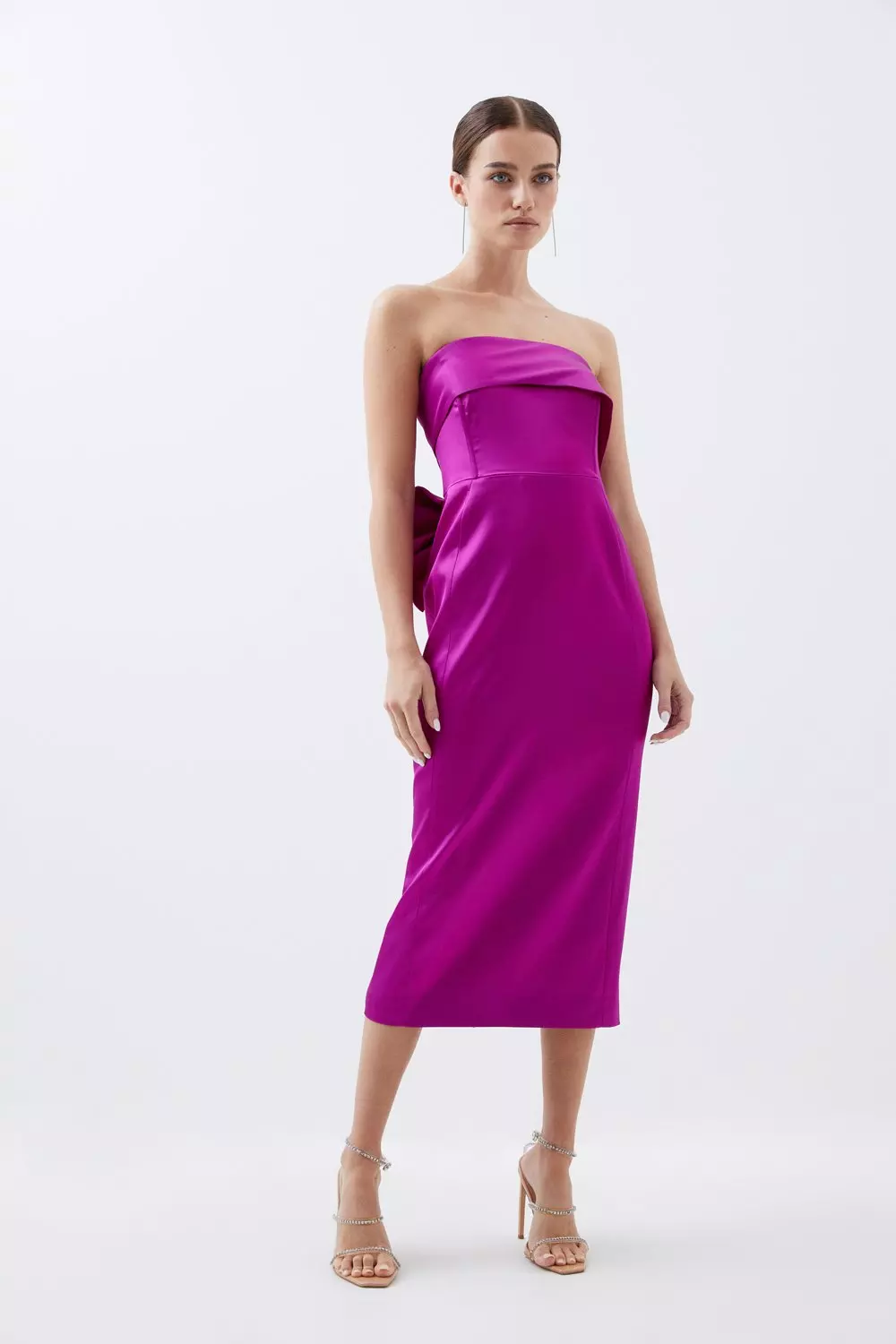 Petite Tailored Italian Satin Bandeau Bow Detail Midi Dress