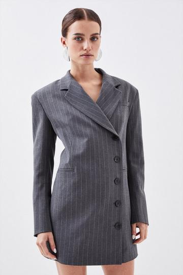 Grey Petite Tailored Pinstripe Single Breasted Blazer Dress