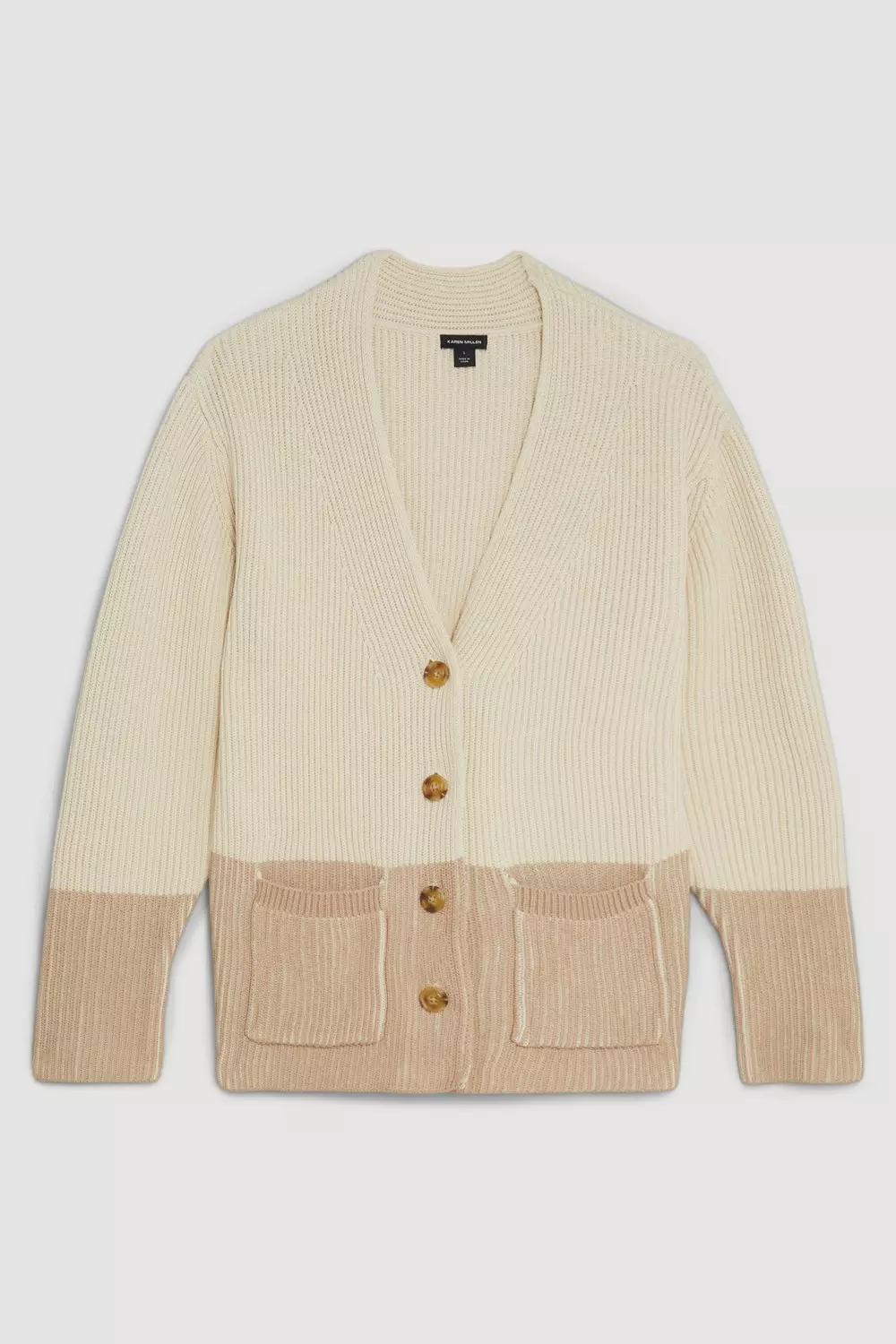 Cotton Plaited Viscose Blend Rib Knit Color Block Pocket Cardigan