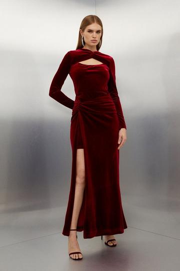 Stretch Velvet Wrap Detail Maxi Dress red