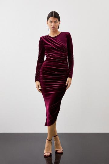 Stretch Velvet Ruched Detail Midi Dress plum