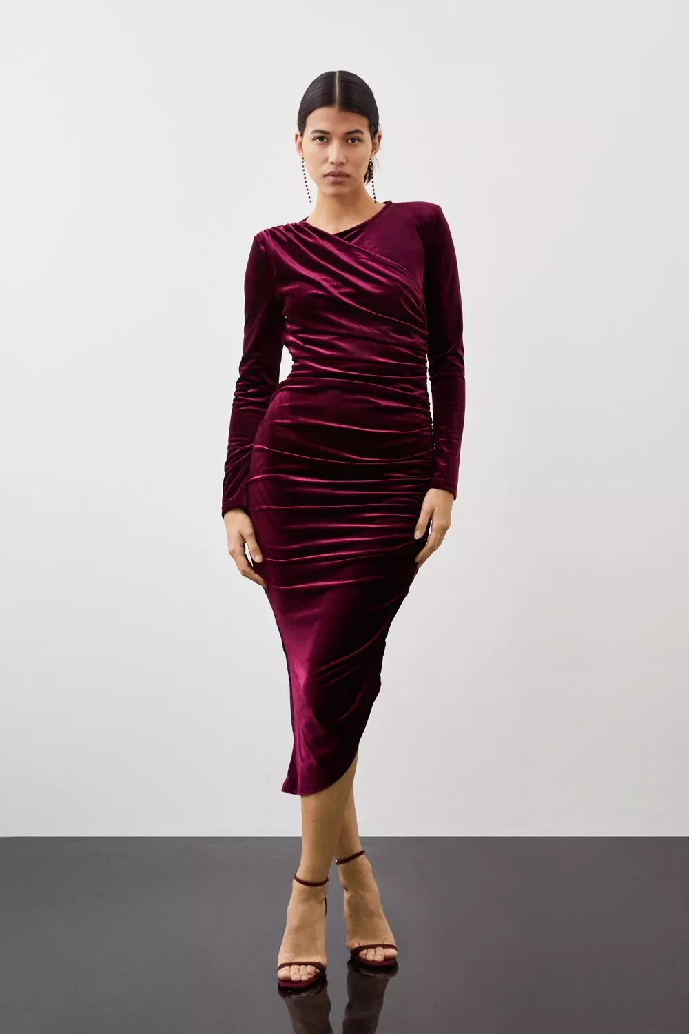 Stretch Velvet Ruched Detail Midi Dress