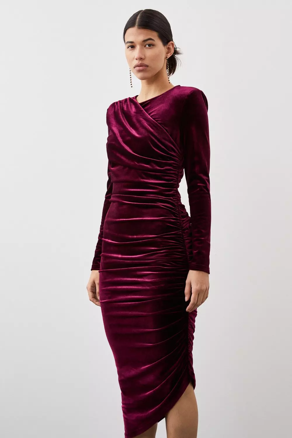 Stretch Velvet Ruched Detail Midi Dress