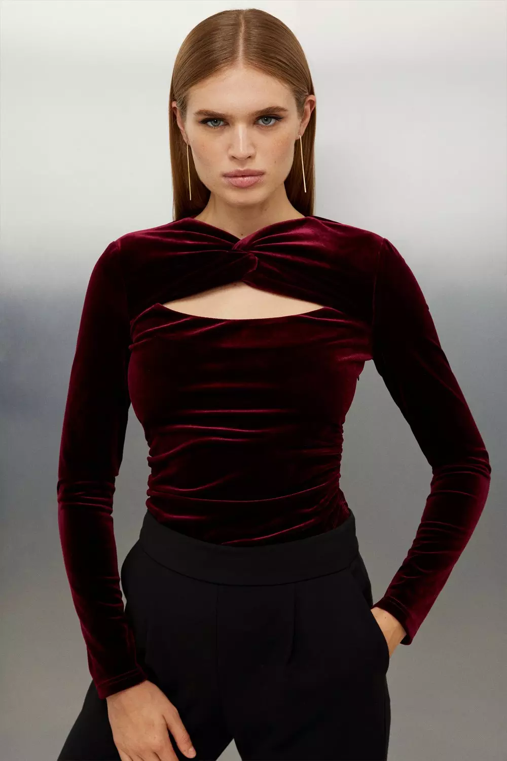 Stretch Velvet Cut Out Detail Top | Karen Millen