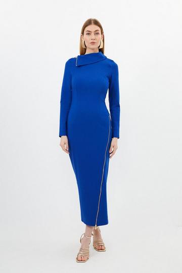 Cobalt Blue Ponte Zip Detail Midi Dress