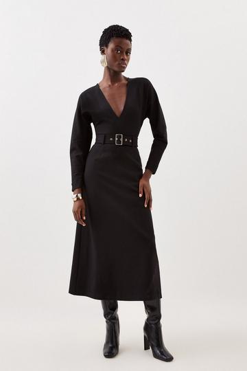 Black Ponte Belted Midi Dress