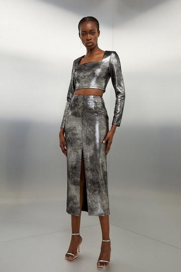 Metallic Ponte Top And Skirt Set pewter
