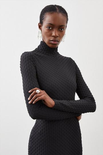 Premium Textured Jersey Turtleneck Dress black