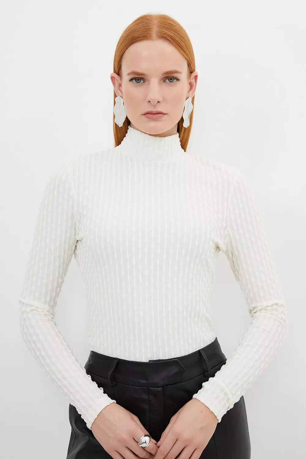 Women White Textured Turtle Neck