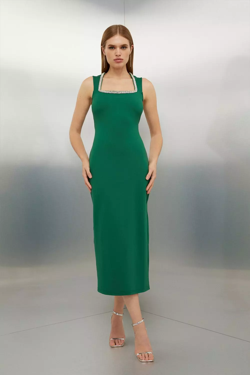 Elegant Square Neck Ruched Trim Sleeveless Bodycon Midi Dress