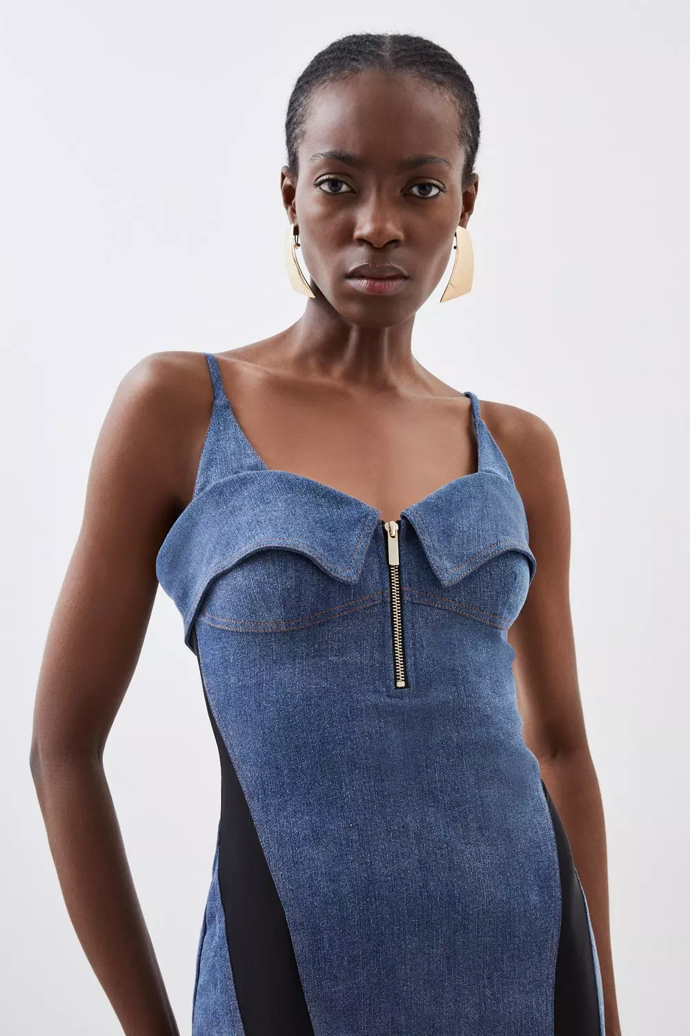 Stretch Denim And Mesh Panelled Midi Dress