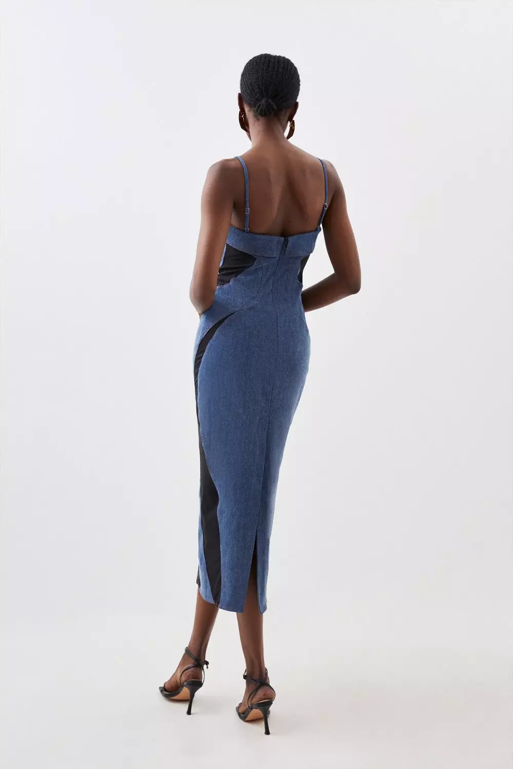 Stretch Denim And Mesh Panelled Midi Dress Karen Millen