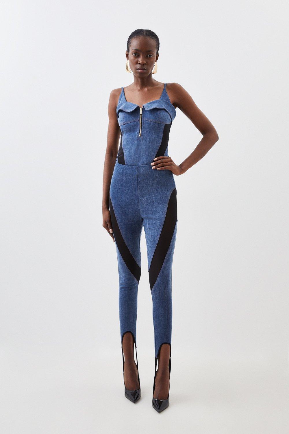 Stretch Denim And Mesh Stirrup Legging Karen Millen