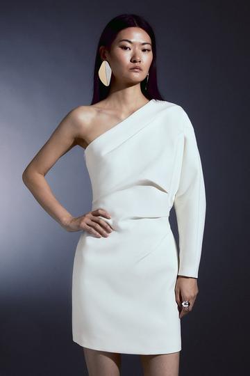 Compact Stretch Tailored One Shoulder Mini Dress ivory