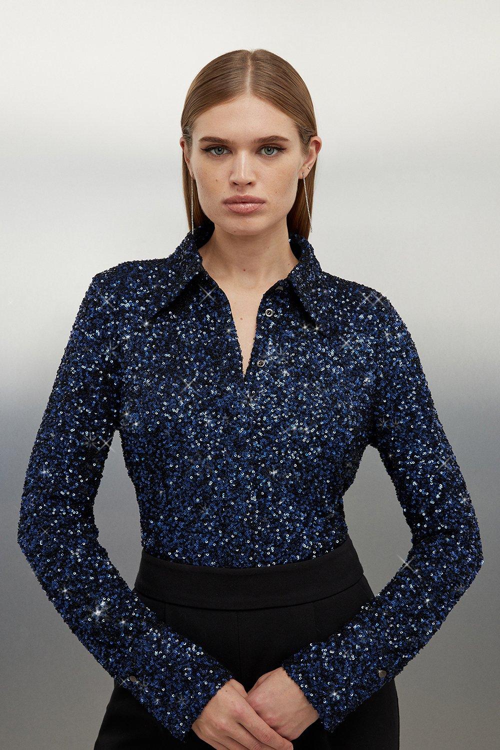 Stretch Sequin Collar Long Sleeve Shirt - Navy