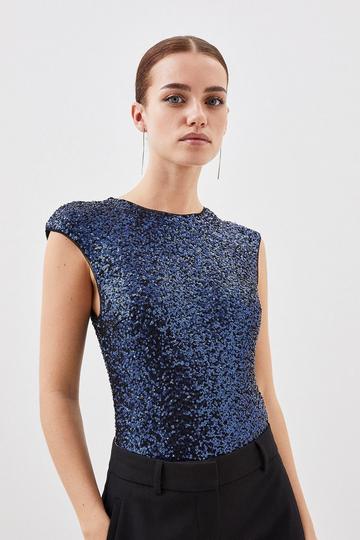 Petite Stretch Sequin Backless Bodysuit navy
