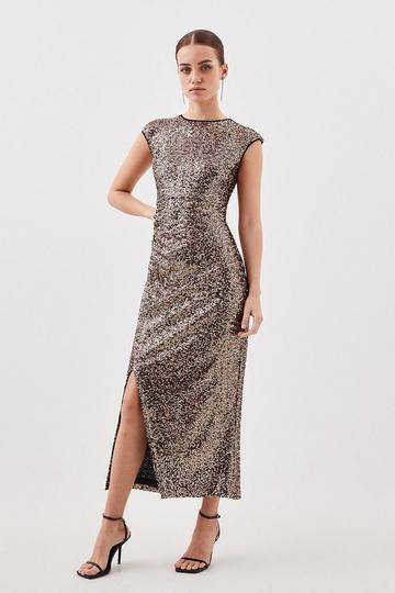 Petite Stretch Sequin Woven Midaxi Dress gold