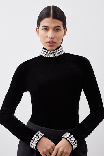 Black Stretch Velvet Crystal Embellished Long Sleeve Top