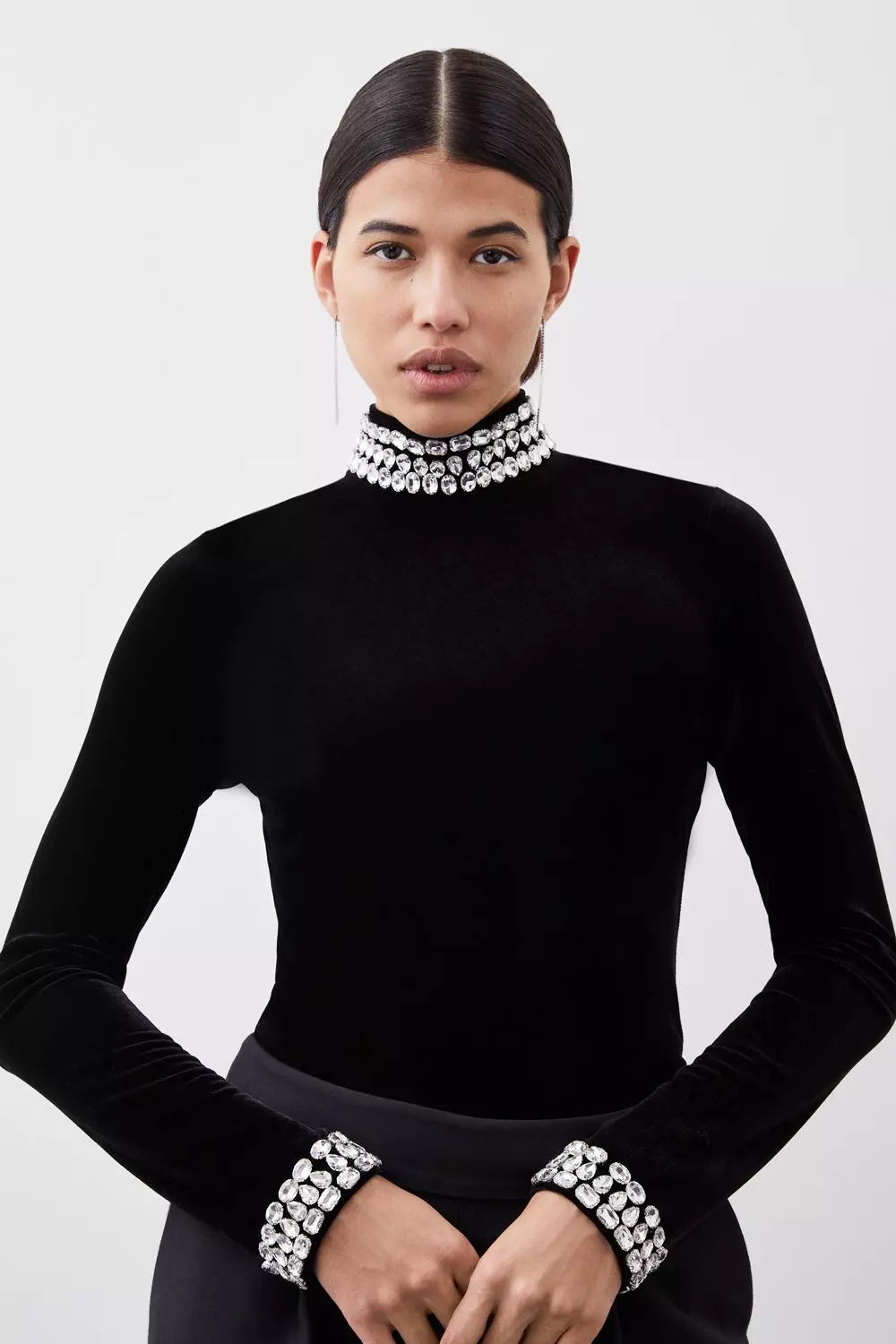 Portrait Collar Stretch Velvet Blouse