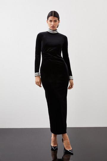 Black Stretch Velvet Crystal Embellished Long Sleeve Maxi Dress