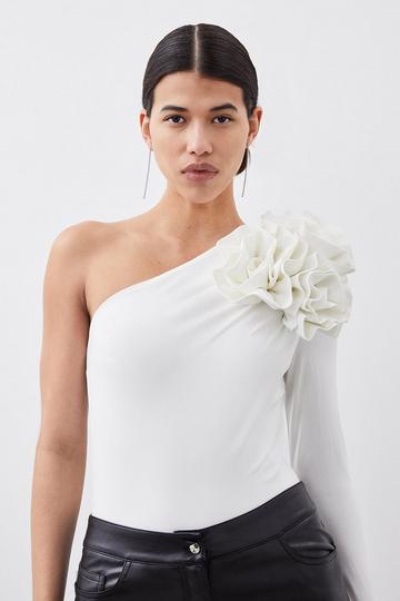 One Shoulder Drapey Ruched Jersey Rosette Bodysuit ivory