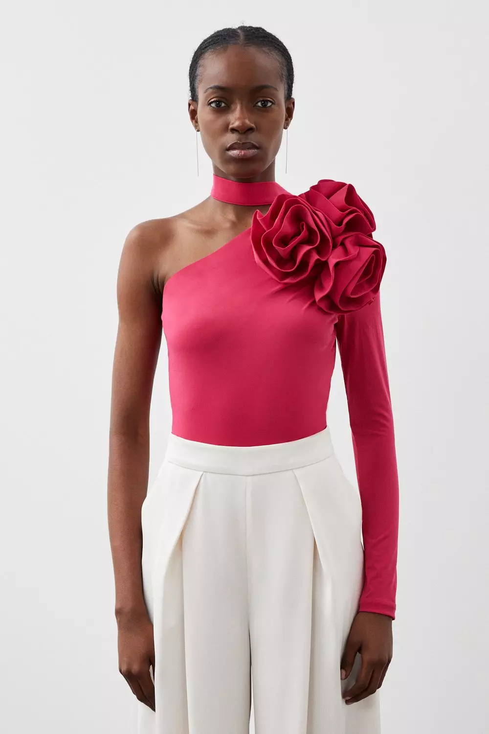 One Shoulder Drapey Ruched Jersey Rosette Bodysuit