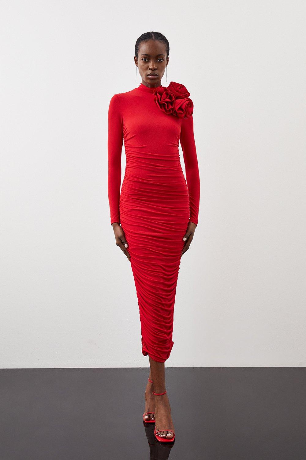 Red long sleeve midi on sale dress