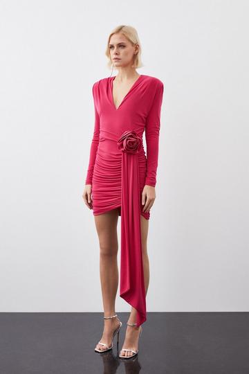Pink Long Sleeve Drapey Ruched Jersey Rosette Mini Dress