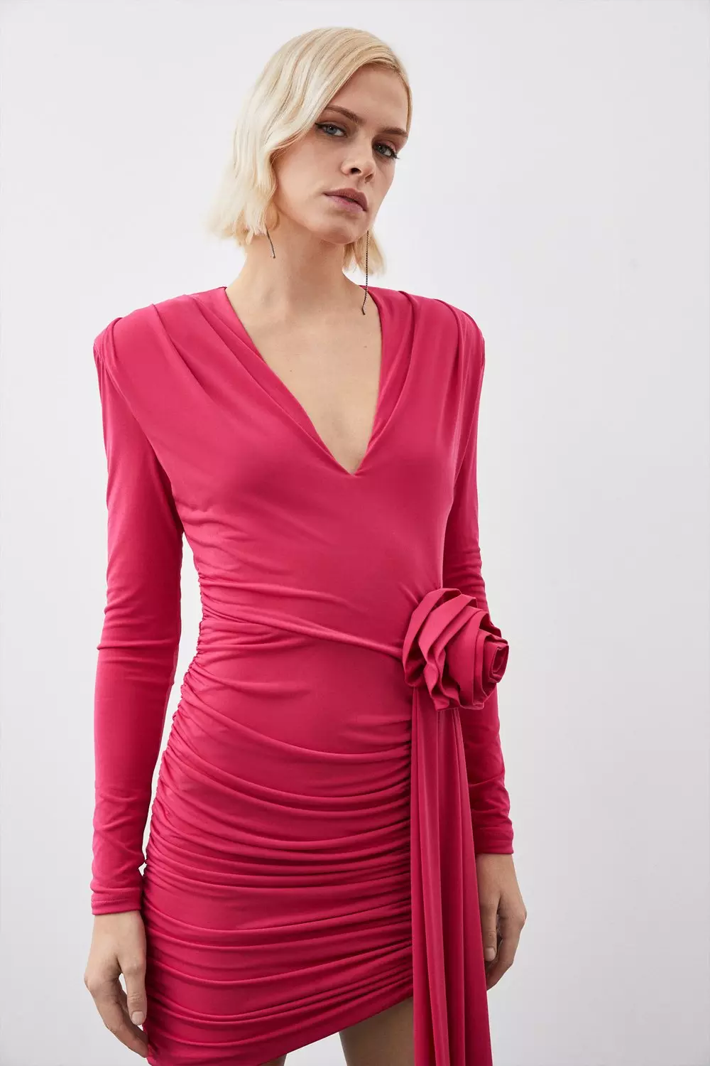 Plus Size Drapey Ruched Jersey Rosette Midi Dress