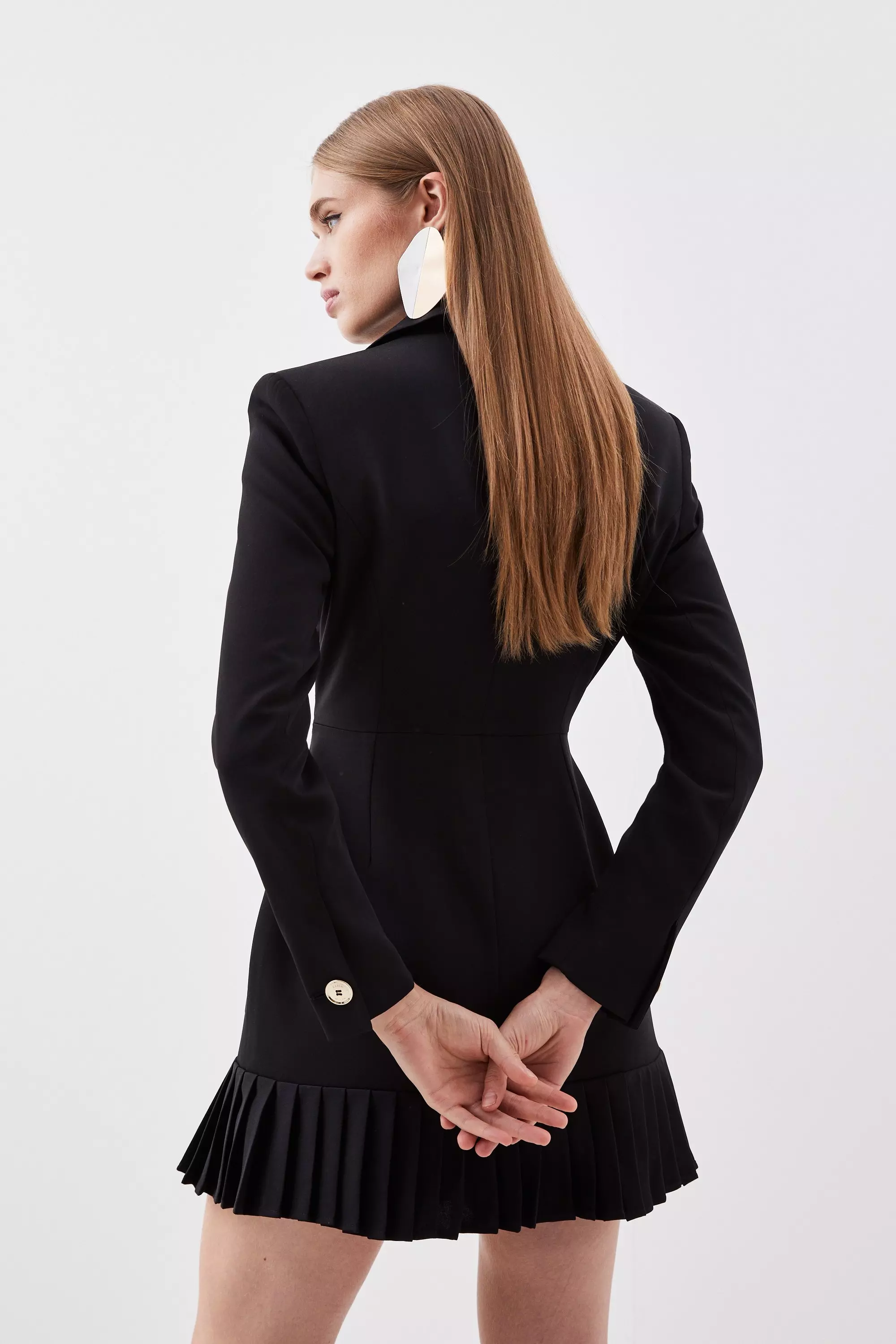 Pleated Blazer Dress - Long Sleeve Mini Dress - Mini Blazer Dress