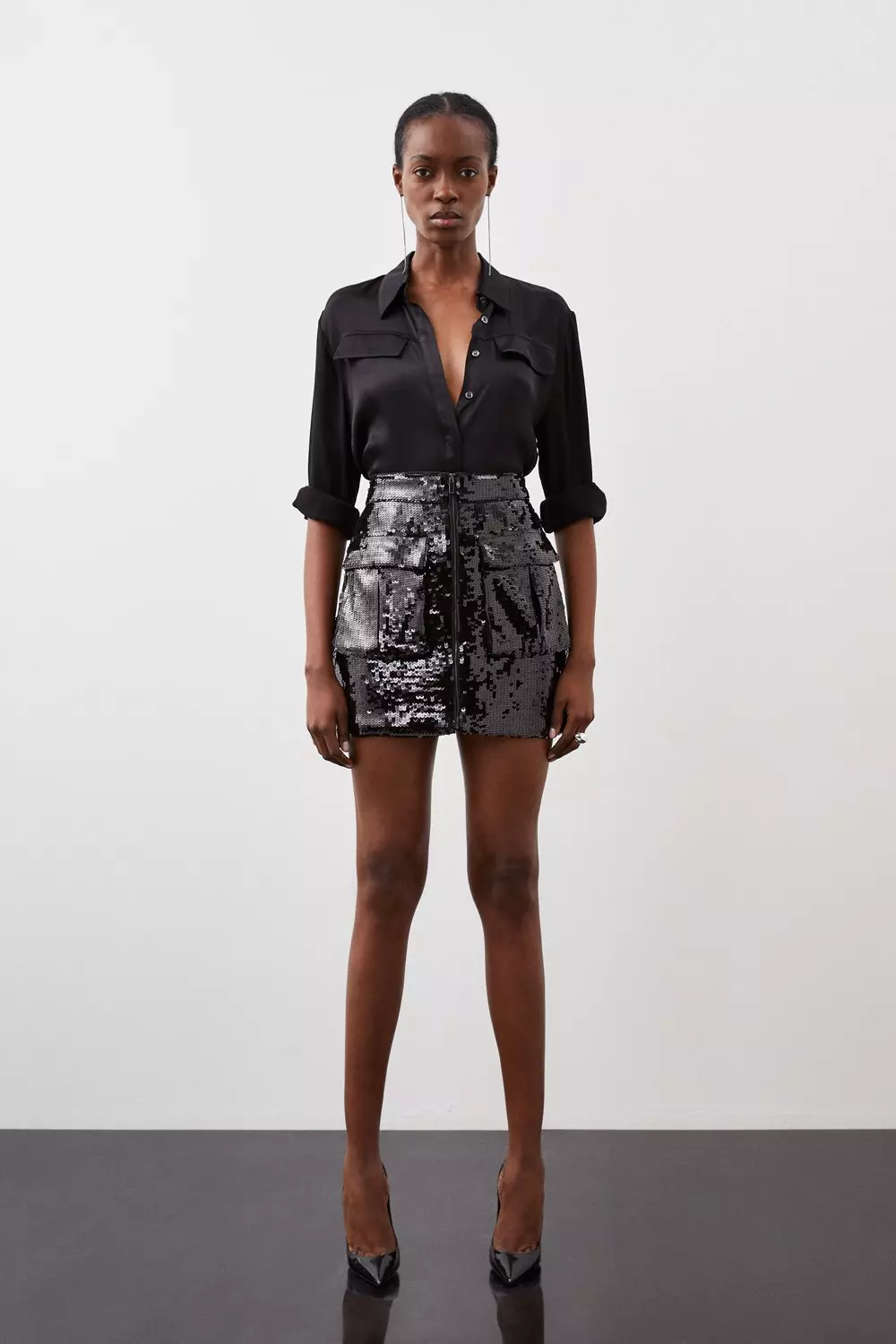 Black Sequin Front Pocket Woven Mini Skirt Karen Millen