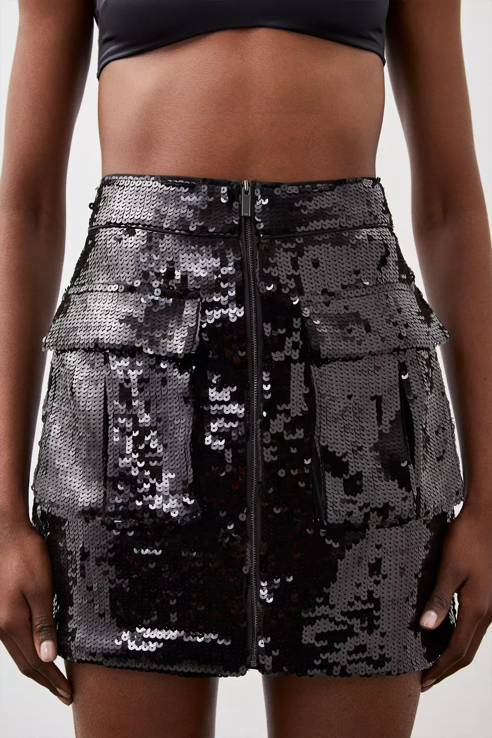 Black Sequin Front Pocket Woven Mini Skirt Karen Millen