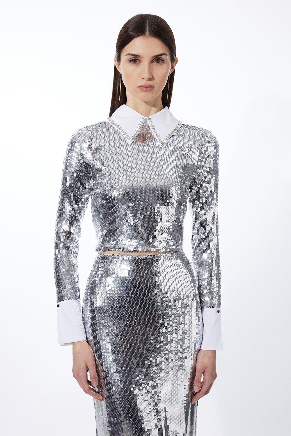 Silver Sequin Woven Long Sleeve Crop Top