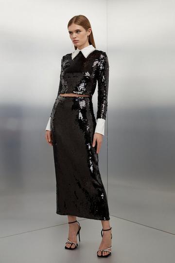 Black Sequin Front Split Woven Midi Skirt black