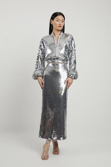 Sequin Front Split Woven Midi Skirt silver