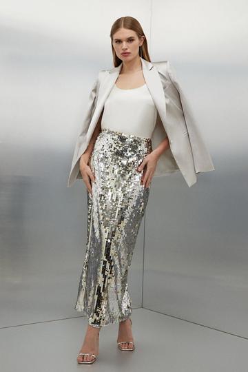 Petite Silver Sequin Woven Midaxi Skirt silver