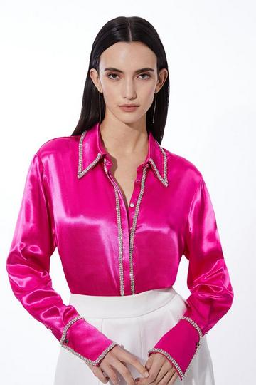 Diamante Trim Viscose Woven Satin Shirt pink