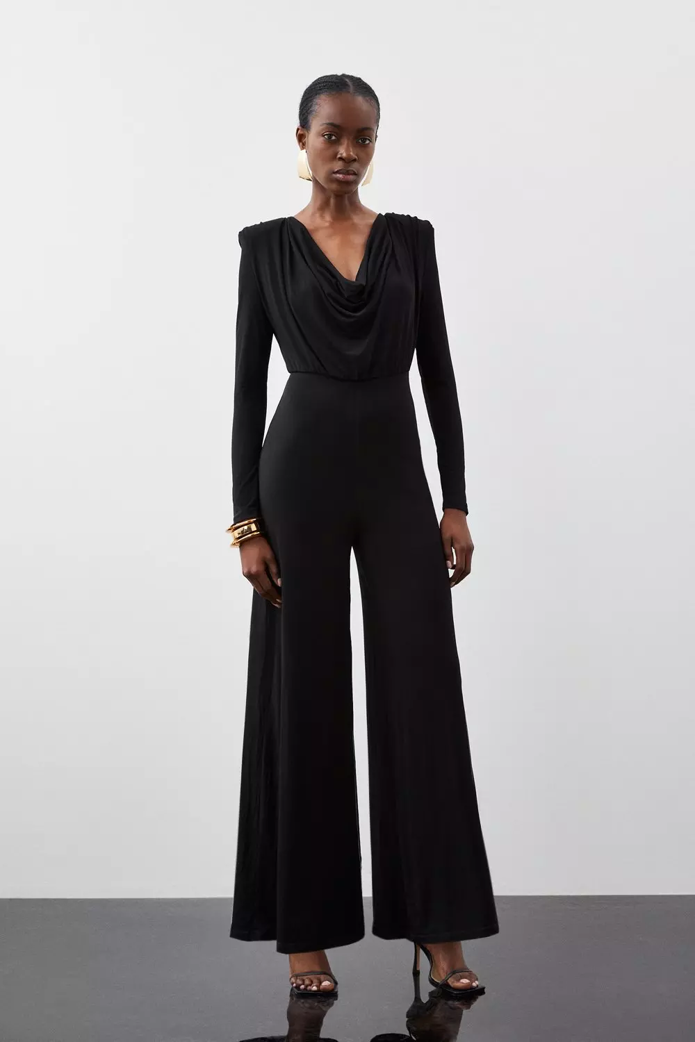 Black jersey jumpsuit with sales sleeves