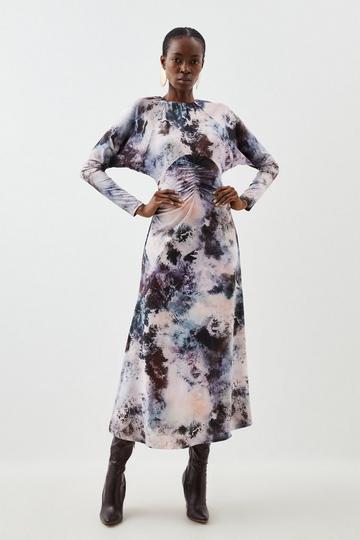Grey Abstract Print Jersey Crepe Batwing Midaxi Dress