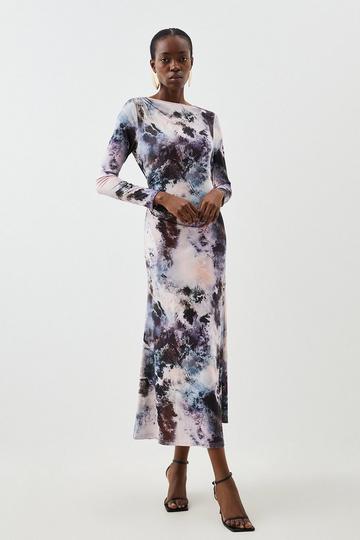 Grey Abstract Print Jersey Crepe Long Sleeve Midaxi Dress