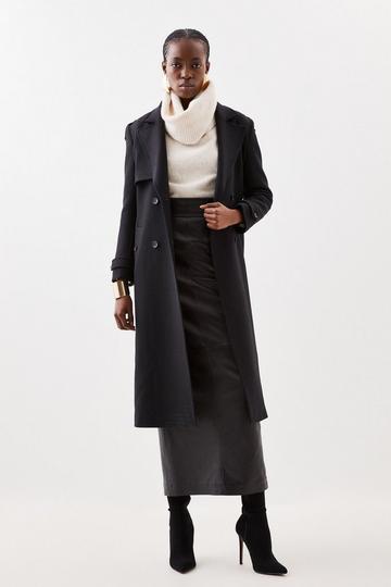 Black Italian Wool Blend Self Tie Belted Trench Coat