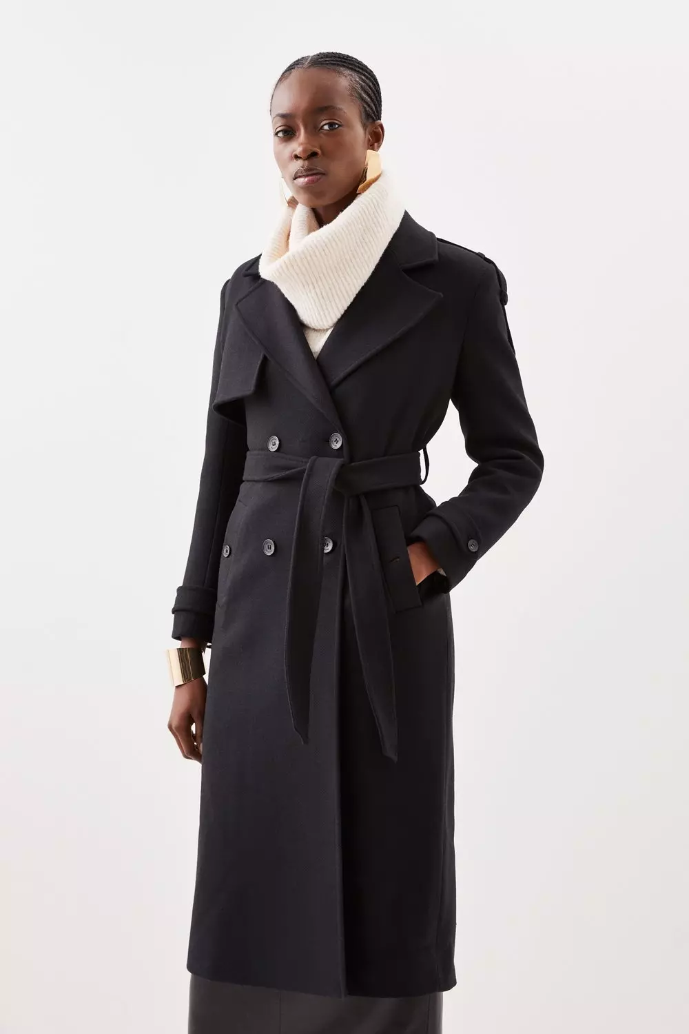 Italian Manteco Wool Blend Self Tie Belted Trench Coat | Karen Millen