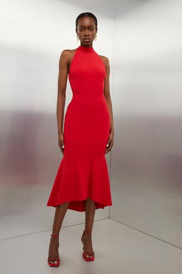 Red Tailored Compact Stretch Waterfall Hem High Neck Midi Dress