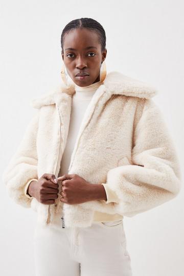 Faux Fur Collared Bomber Jacket cream