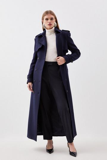 Italian Manteco Wool Blend Belted Maxi Trench Coat navy